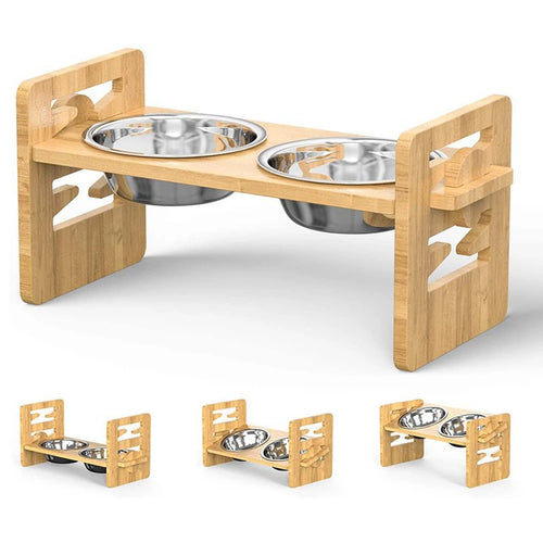 Paw Care USA adjustable bamboo pet feeder with two stainless steel bowls and customizable height
