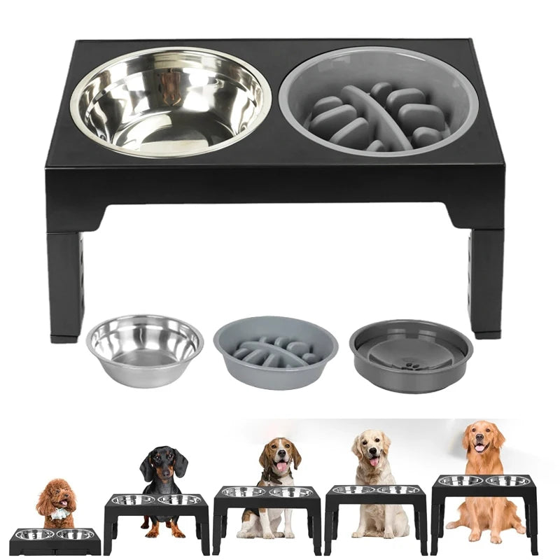 Paw Care USA adjustable elevated dog feeder with removable stainless steel and slow feeder bowls for different dog sizes
