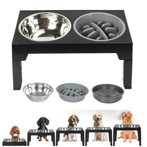 Paw Care USA adjustable elevated dog feeder with removable stainless steel and slow feeder bowls for different dog sizes
