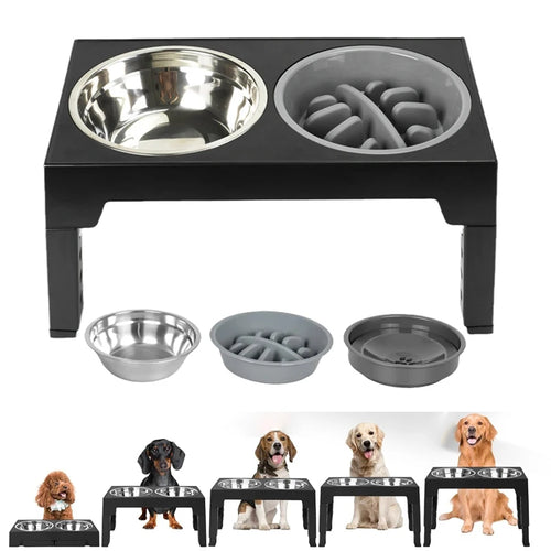 Paw Care USA adjustable elevated dog feeder with removable stainless steel and slow feeder bowls for different dog sizes