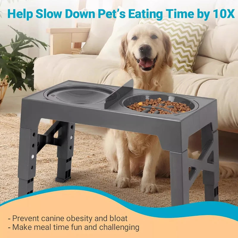 Paw Care USA adjustable elevated dog feeder in gray with two bowls for slow feeding and preventing canine obesity
