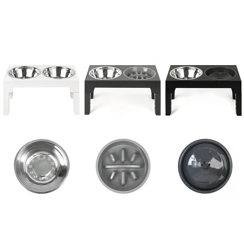 Paw Care USA adjustable elevated dog feeder with white and black stands and stainless steel bowls