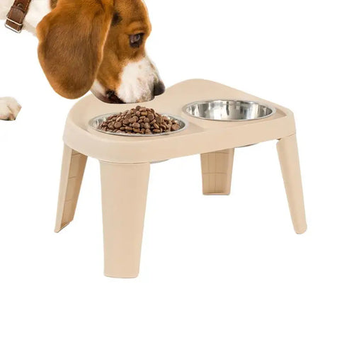 Beagle dog eating from beige adjustable elevated dog feeding station with two stainless steel bowls