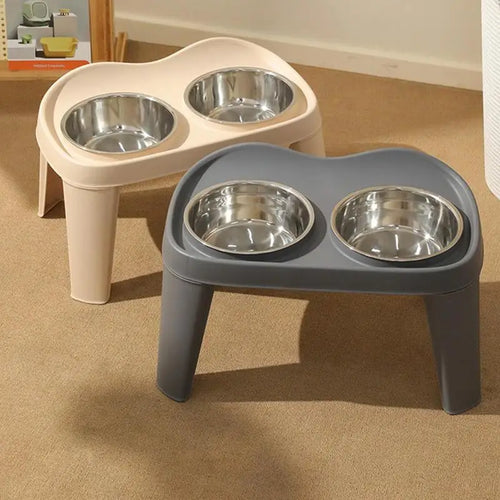 Paw Care USA adjustable elevated dog feeding station in beige and gray with two stainless steel bowls