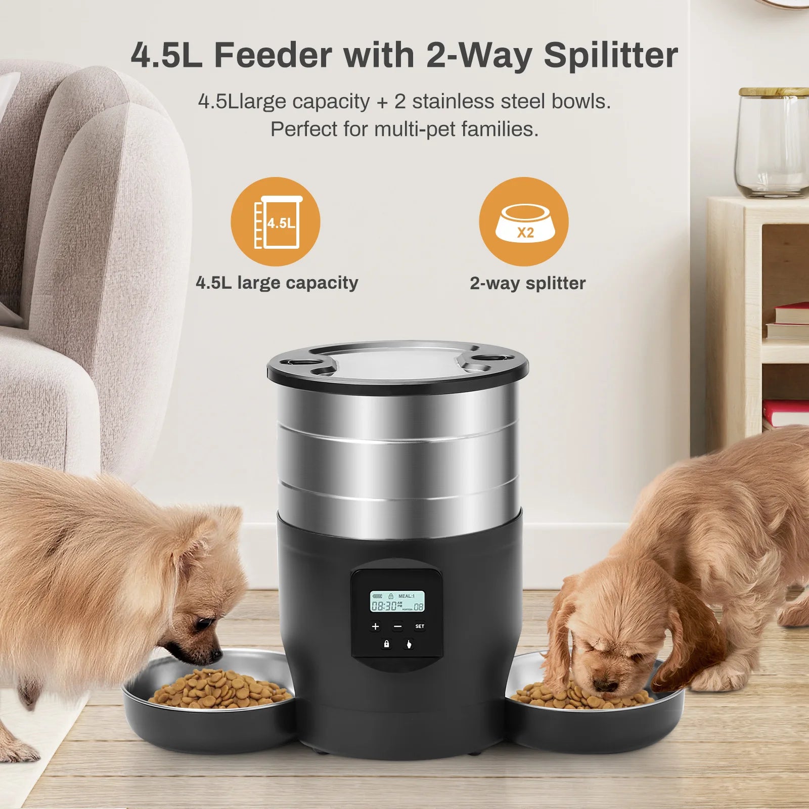Automatic pet feeder with app control 4.5L capacity and 2-way splitter feeding two small dogs