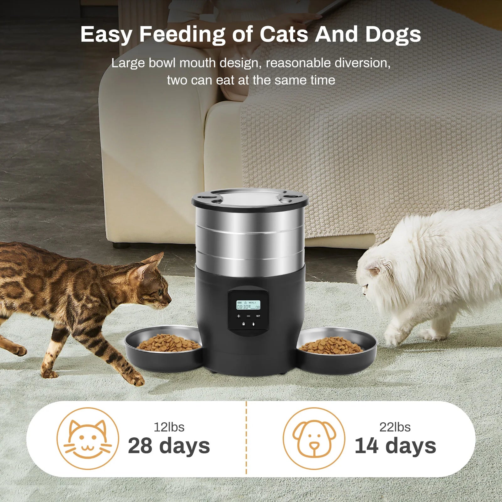 Automatic pet feeder with app control by Paw Care USA with dual bowls feeding a cat and dog simultaneously