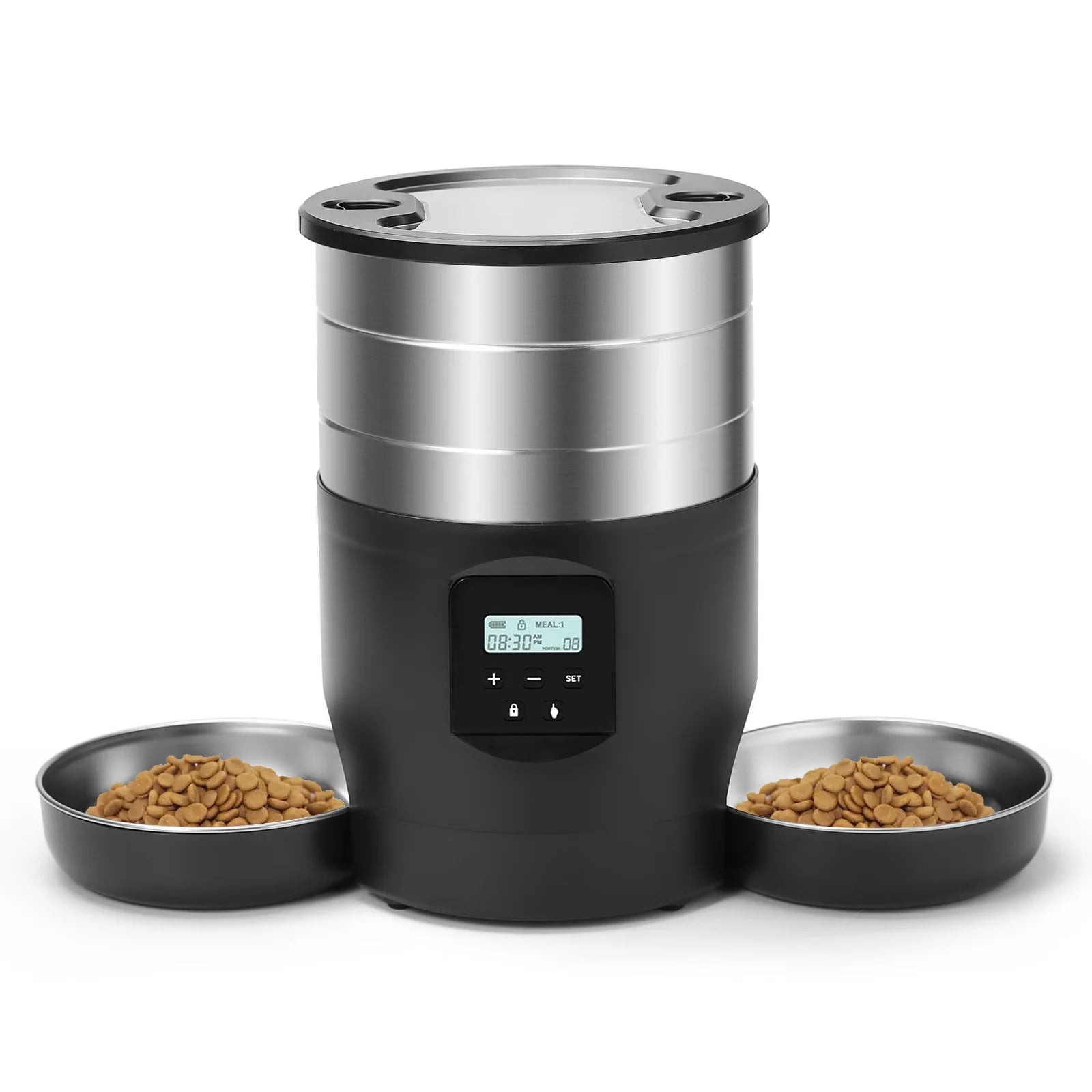 Paw Care USA automatic pet feeder with app control featuring digital timer and dual food trays