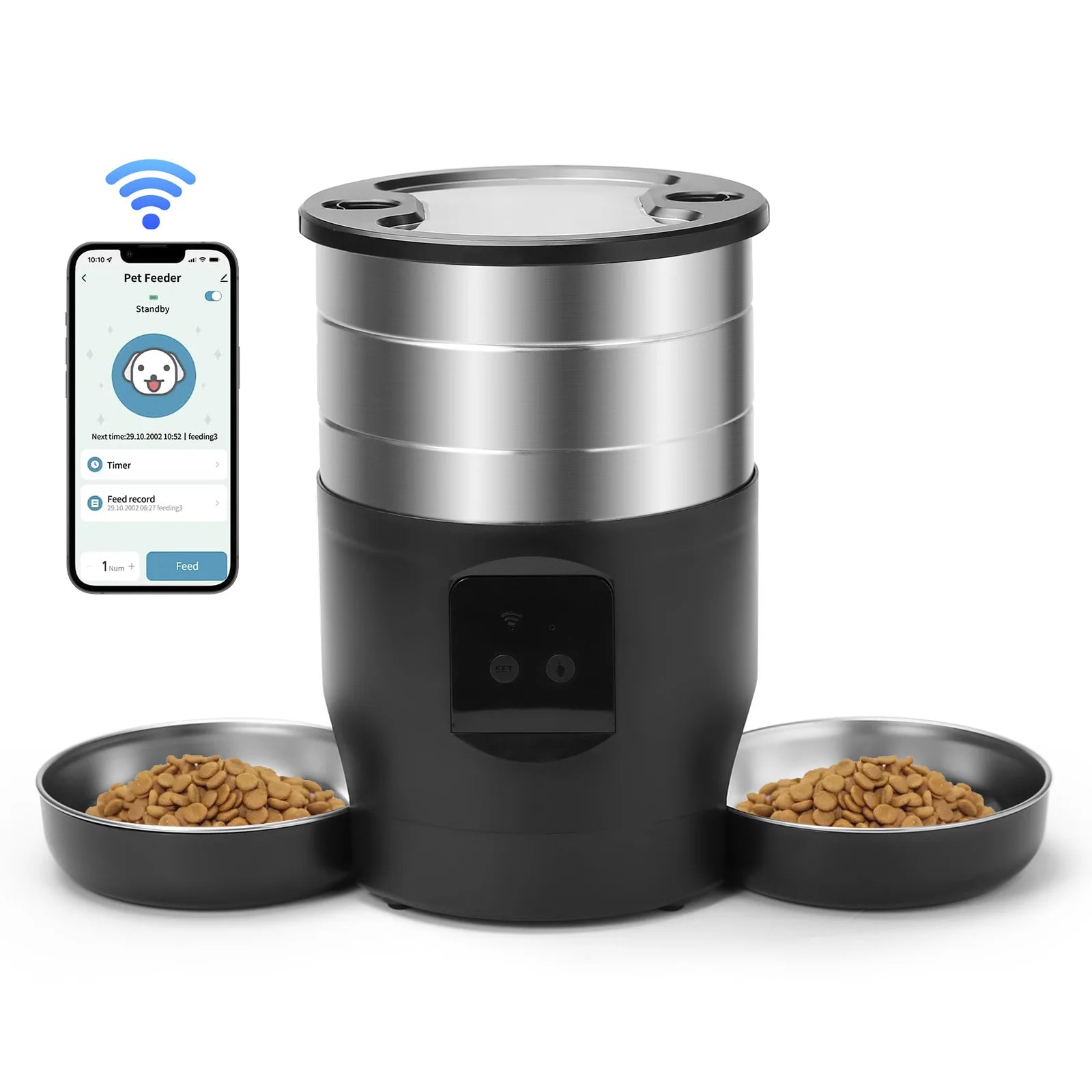 Paw Care USA automatic pet feeder with app control showing dual bowls and smartphone interface