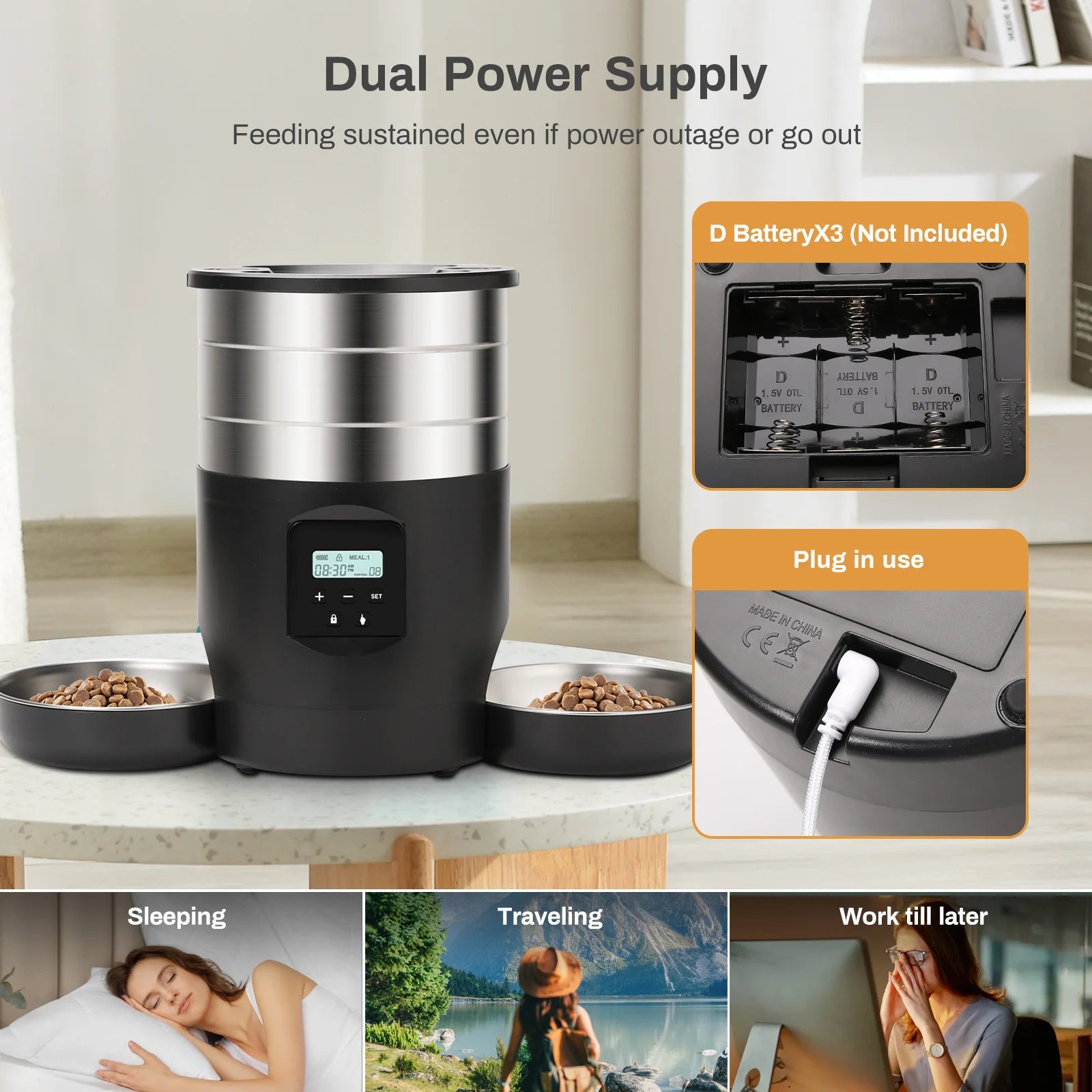 Black automatic pet feeder with app control featuring dual power supply and food bowls on table