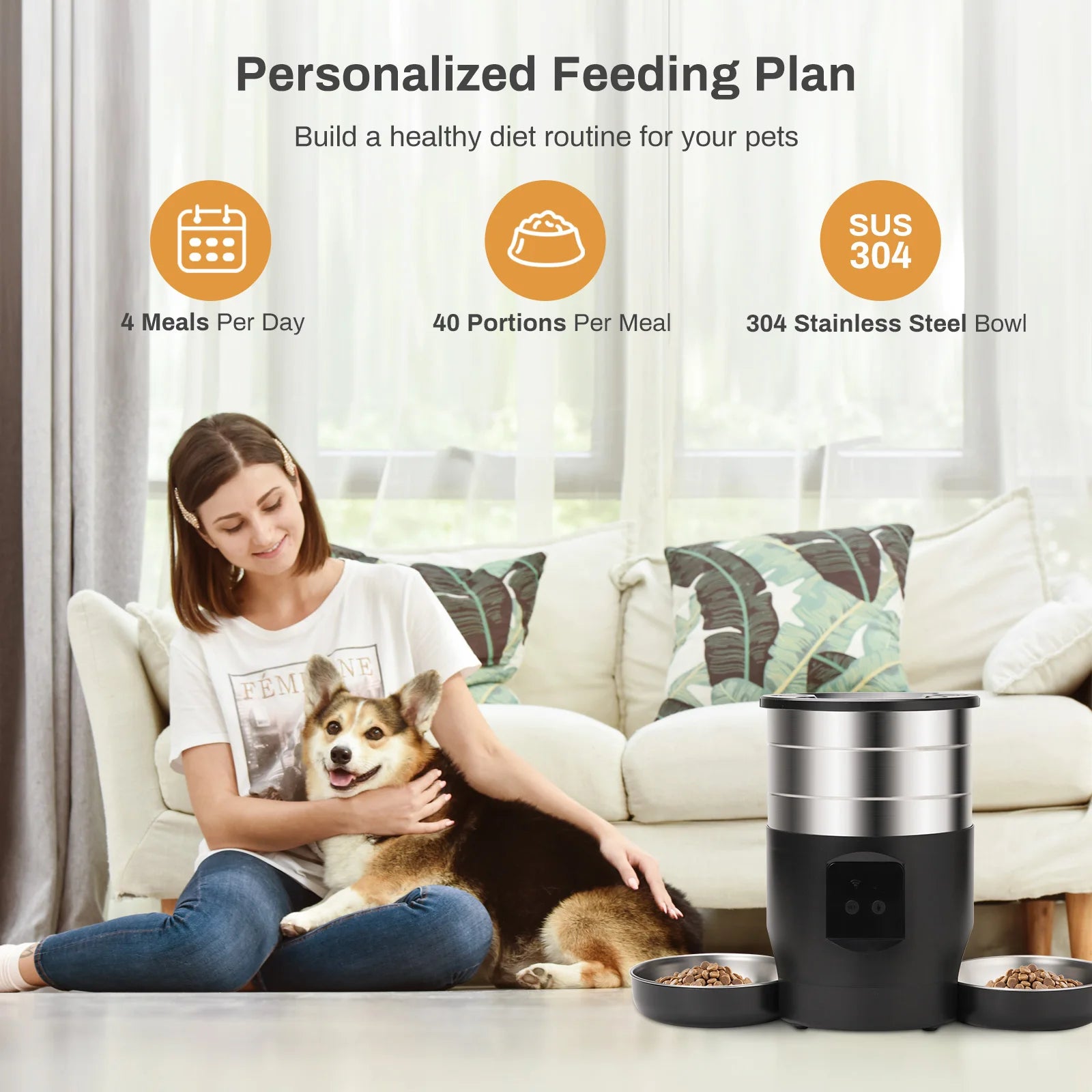 Automatic pet feeder with app control featuring 4 meals per day and 304 stainless steel bowl beside woman with dog