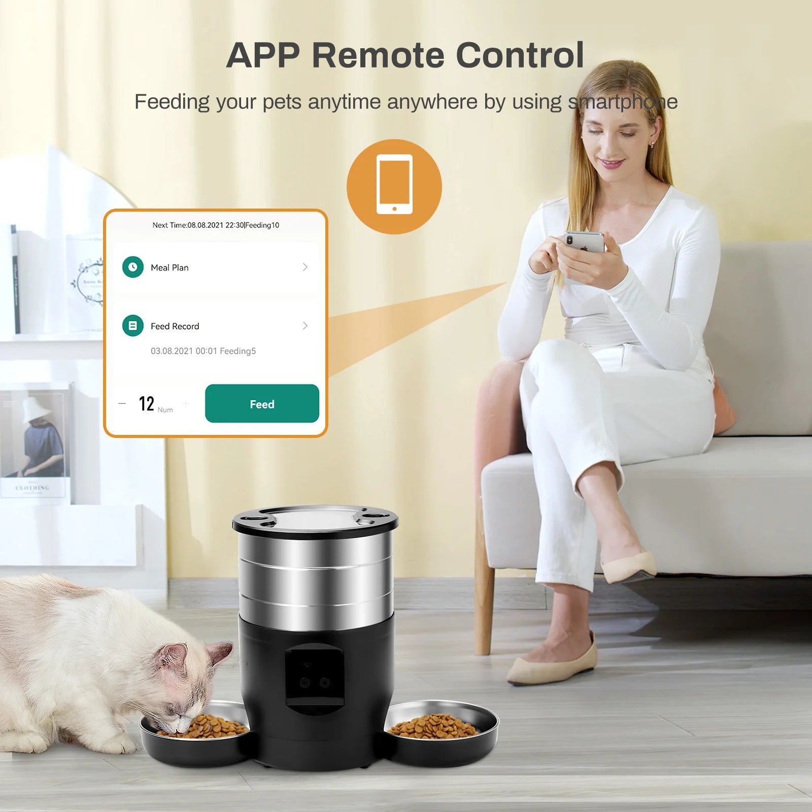 Automatic pet feeder with app control dispensing food to cat while woman controls it remotely on smartphone