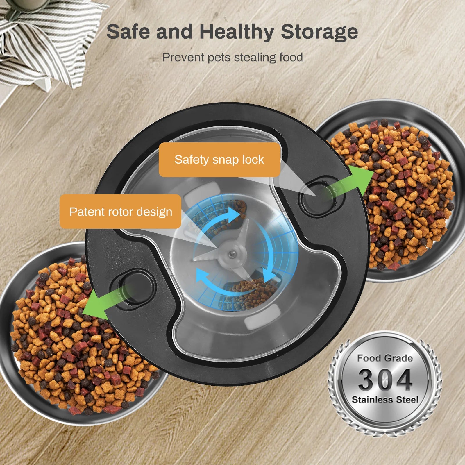 Automatic pet feeder with app control by Paw Care USA featuring safe storage and stainless steel bowls