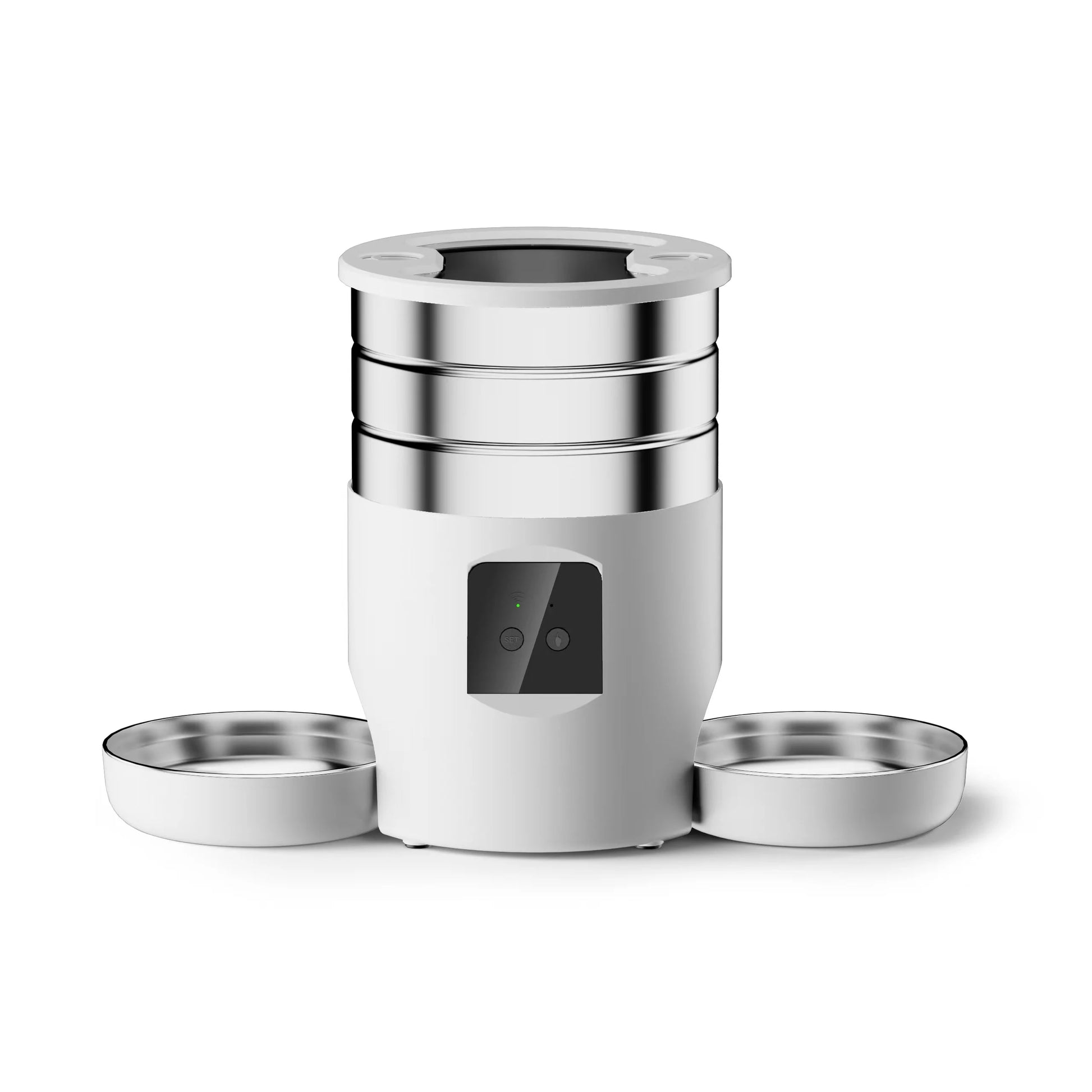 Paw Care USA automatic pet feeder with app control in white and stainless steel with two feeding bowls
