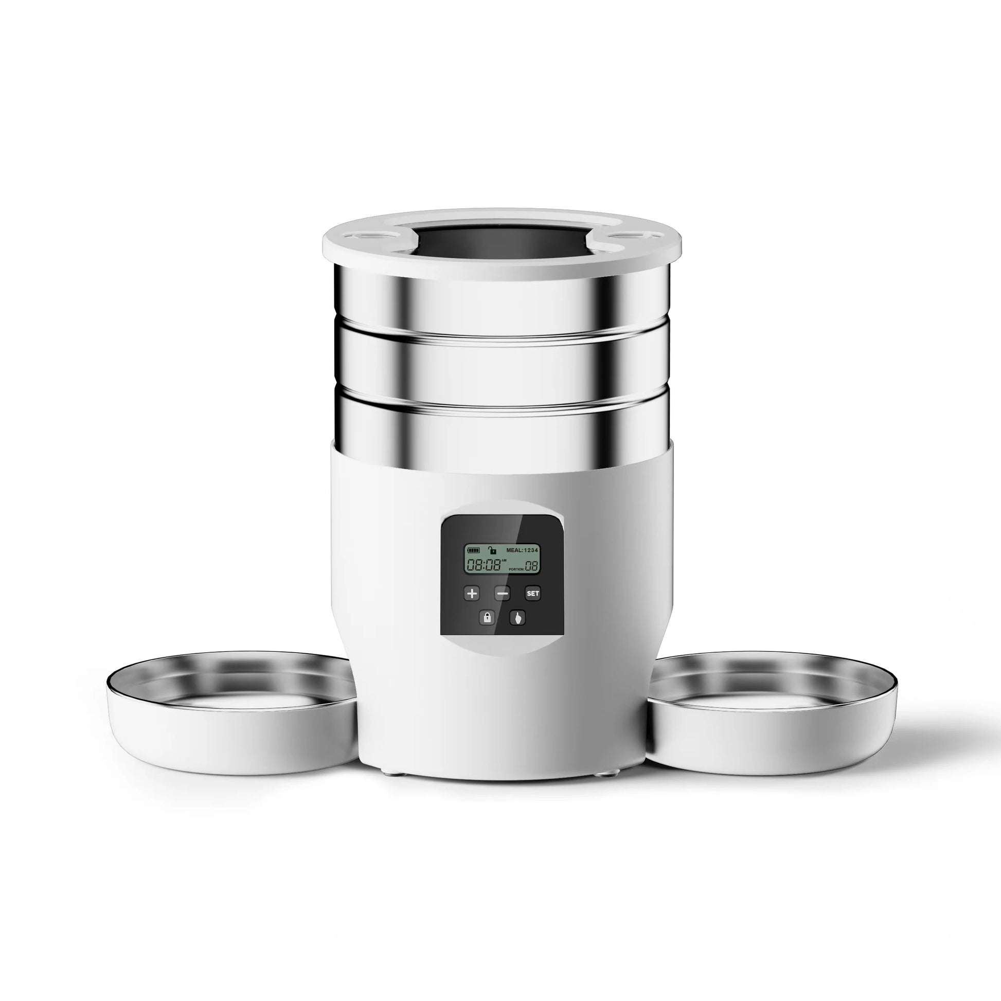 Paw Care USA automatic pet feeder with app control in white with two stainless steel bowls