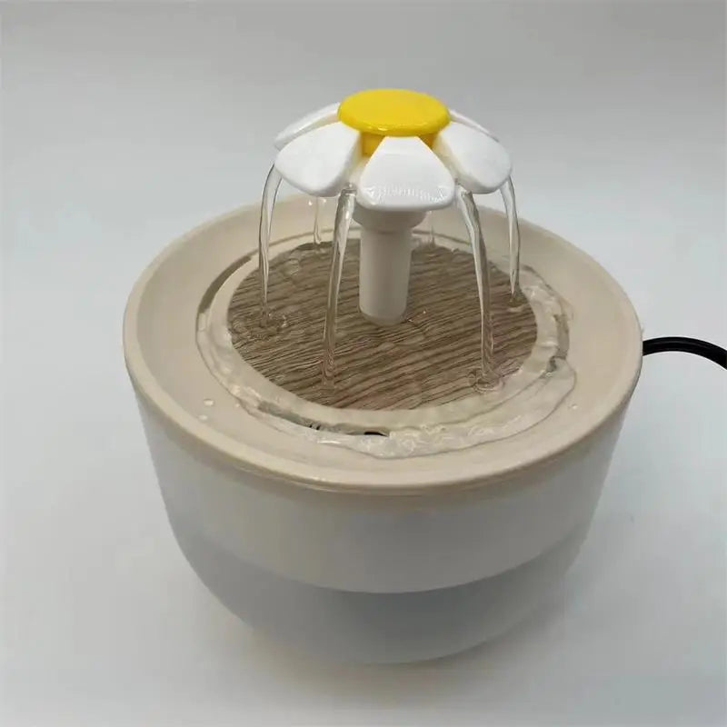 Paw Care USA automatic pet water fountain with flower-shaped water dispenser in white and yellow