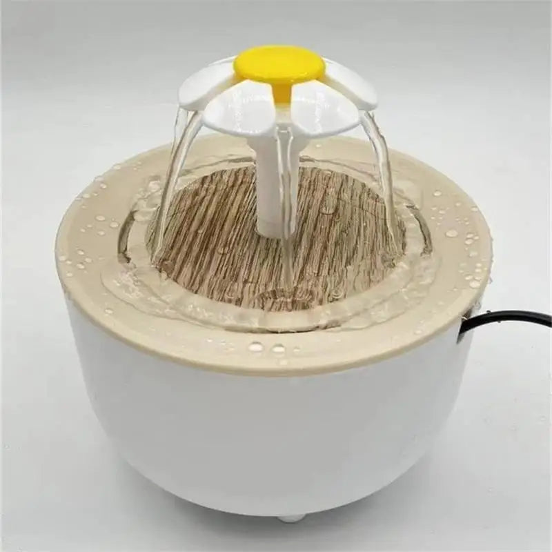 Paw Care USA automatic pet water fountain with flower-shaped water dispenser and wood texture base
