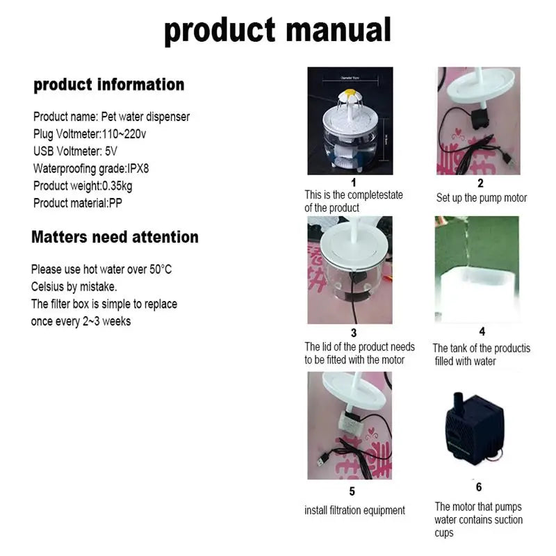 Product manual for Paw Care USA automatic pet water fountain with setup instructions and product details
