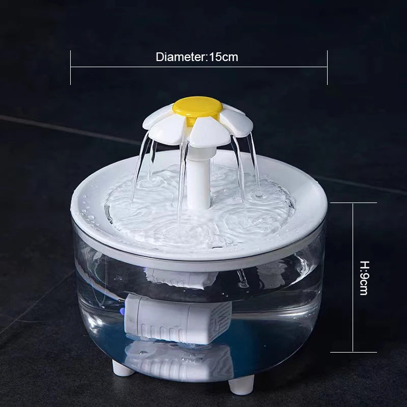 Paw Care USA automatic pet water fountain with daisy design and clear water reservoir 15cm diameter 9cm height