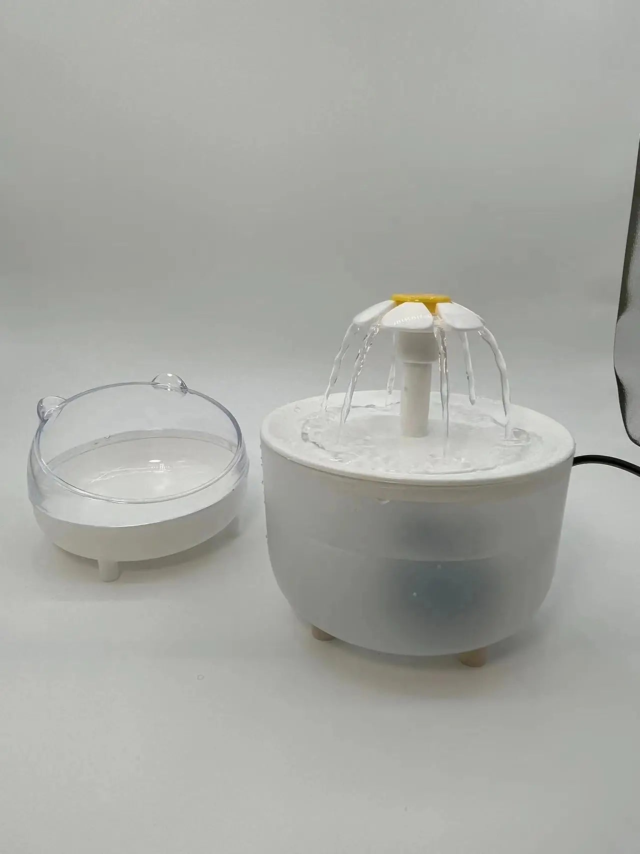 Paw Care USA automatic pet water fountain with white flower-shaped water dispenser on clear base