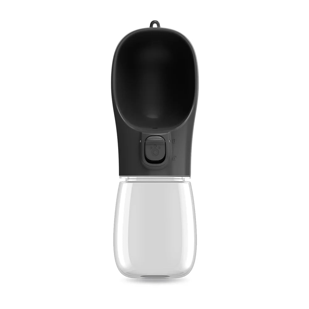 Black and clear dog and cat travel water dispenser with a convenient button for easy water flow