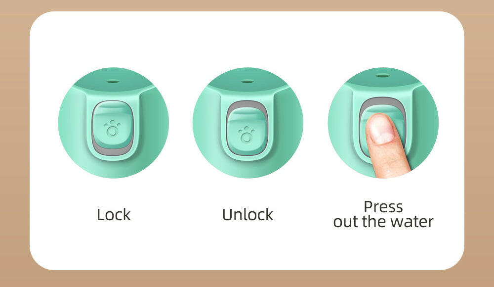 Paw Care USA dog and cat travel water dispenser showing lock unlock and water release button operation