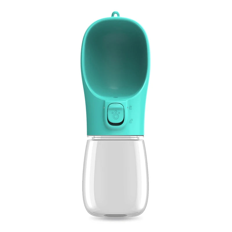 Paw Care USA dog and cat travel water dispenser in teal with attached bottle for easy pet hydration