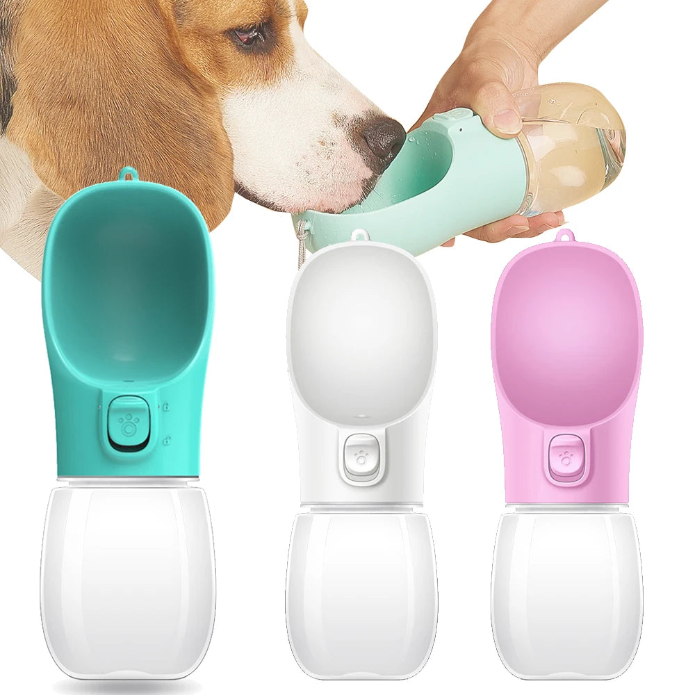 Paw Care USA dog and cat travel water dispenser in teal white and pink for pet hydration on the go