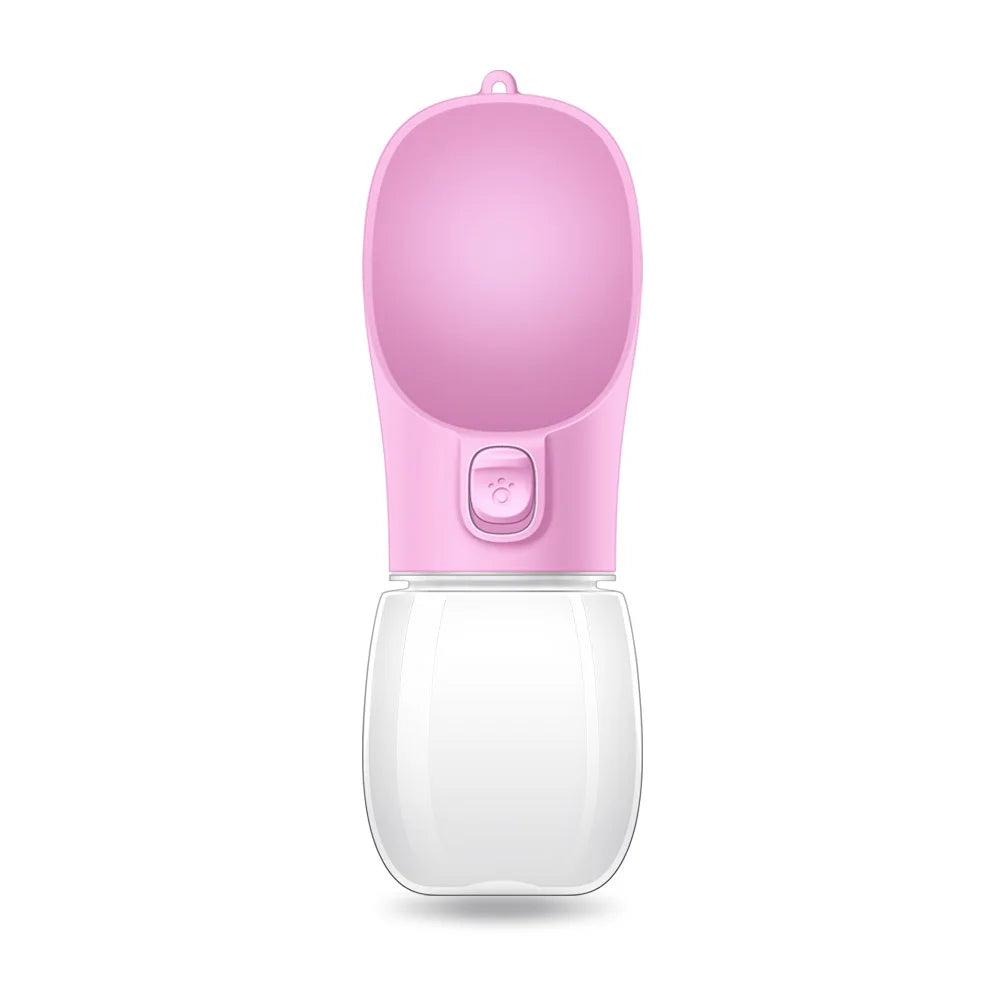 Paw Care USA pink dog and cat travel water dispenser with attached water bottle for pets on the go