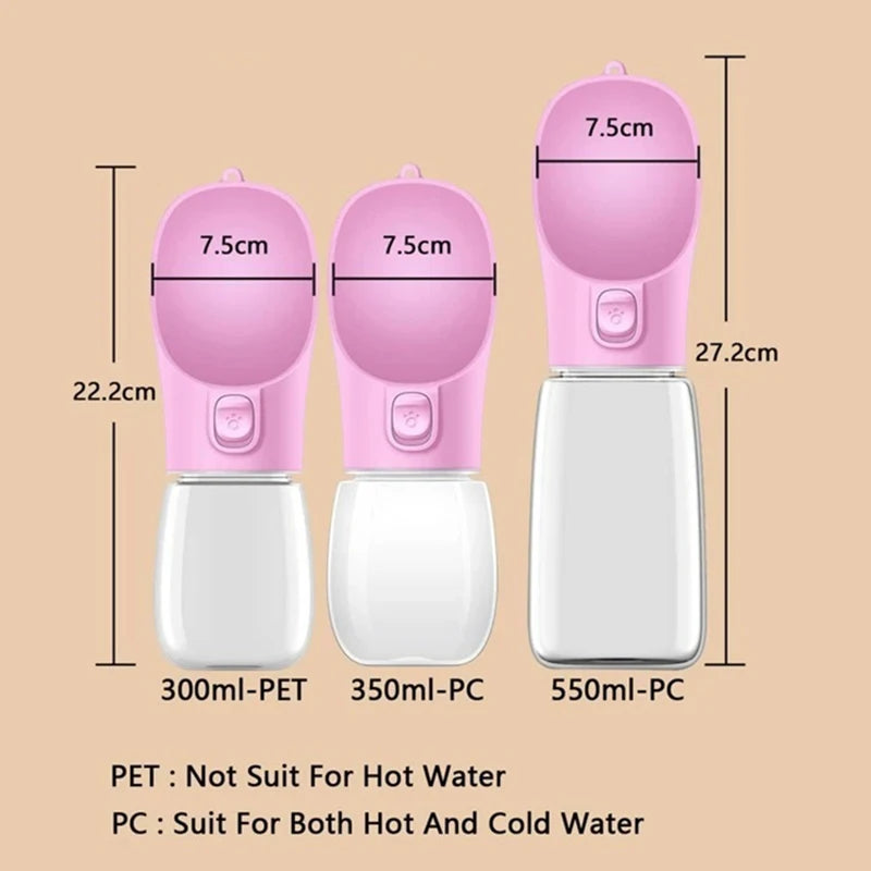 Dog and cat travel water dispenser in three sizes with pink top and clear water container by Paw Care USA