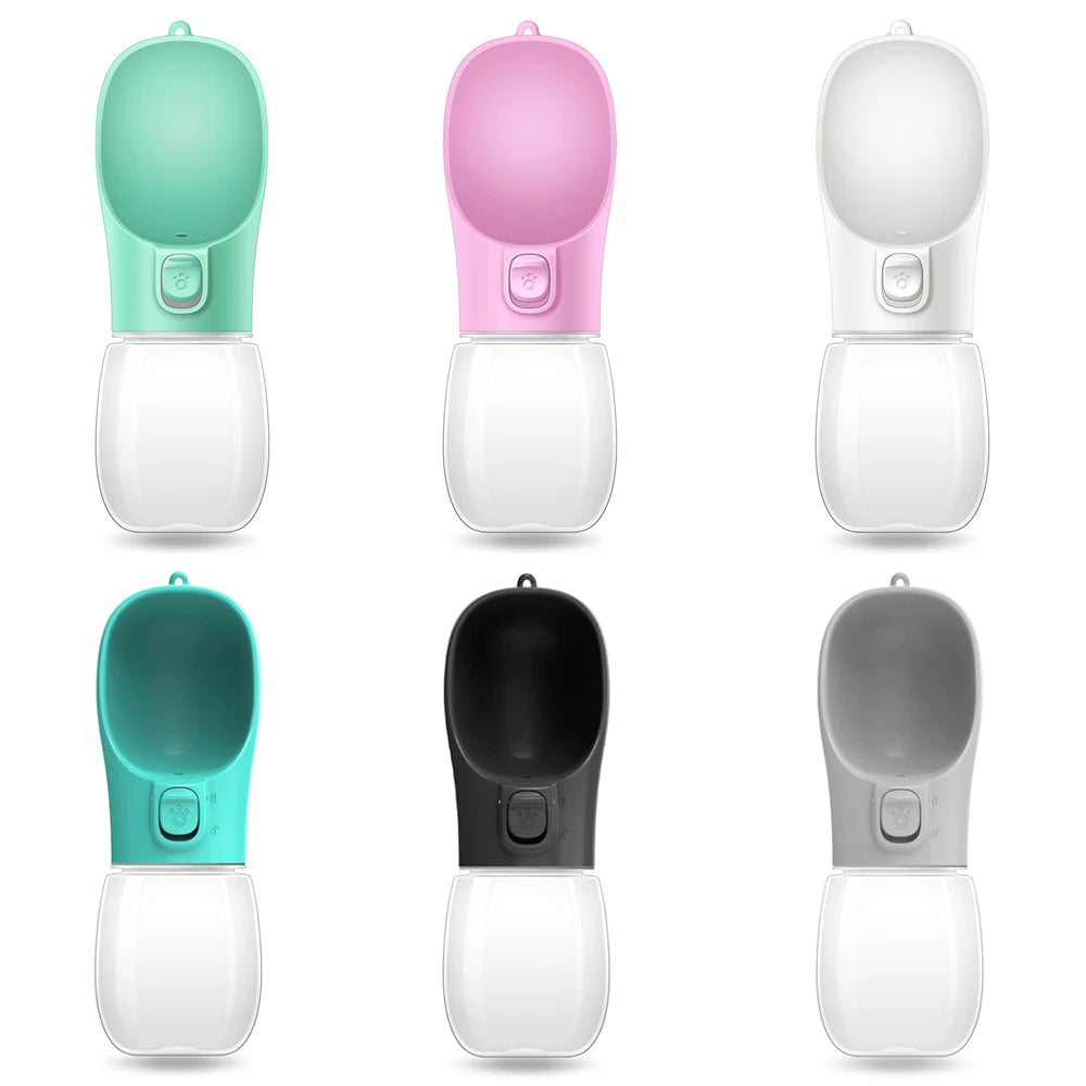 Six Paw Care USA dog and cat travel water dispenser bottles in mint, pink, white, teal, black, and gray colors