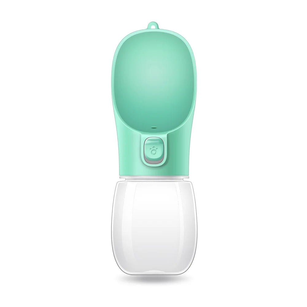 Paw Care USA dog and cat travel water dispenser in green with attached water bottle for pets
