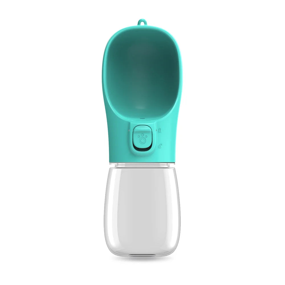 Paw Care USA dog and cat travel water dispenser in turquoise with portable water bottle