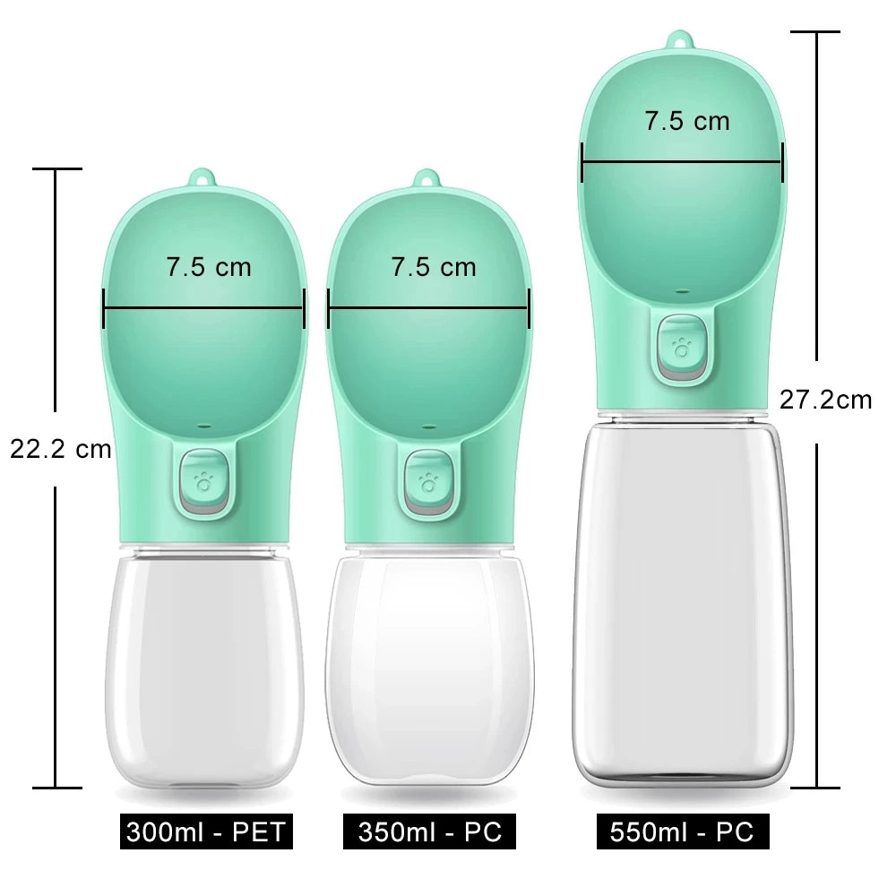 Paw Care USA dog and cat travel water dispenser in three sizes 300ml PET 350ml PC 550ml PC with measurement details