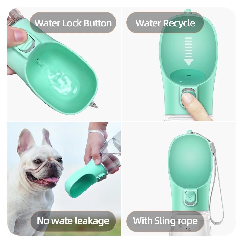 Paw Care USA dog and cat travel water dispenser in mint green with water lock button and sling rope