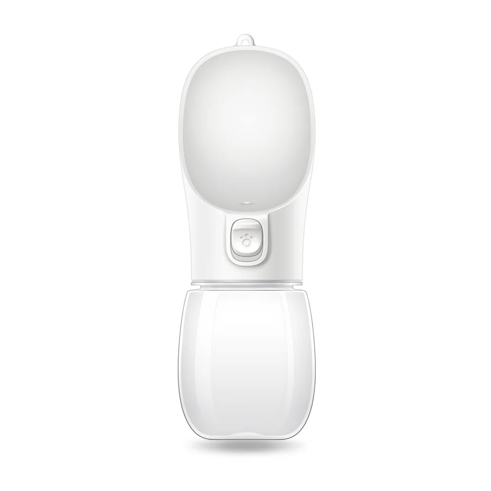 White dog and cat travel water dispenser with built-in water bottle for easy pet hydration