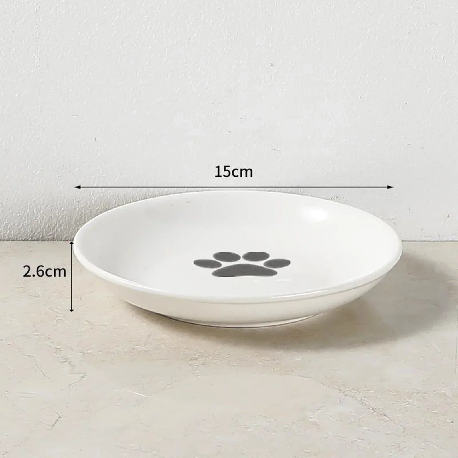 White shallow pet bowl with paw print design for elevated cat & Small Dogs feeder for healthy digestion