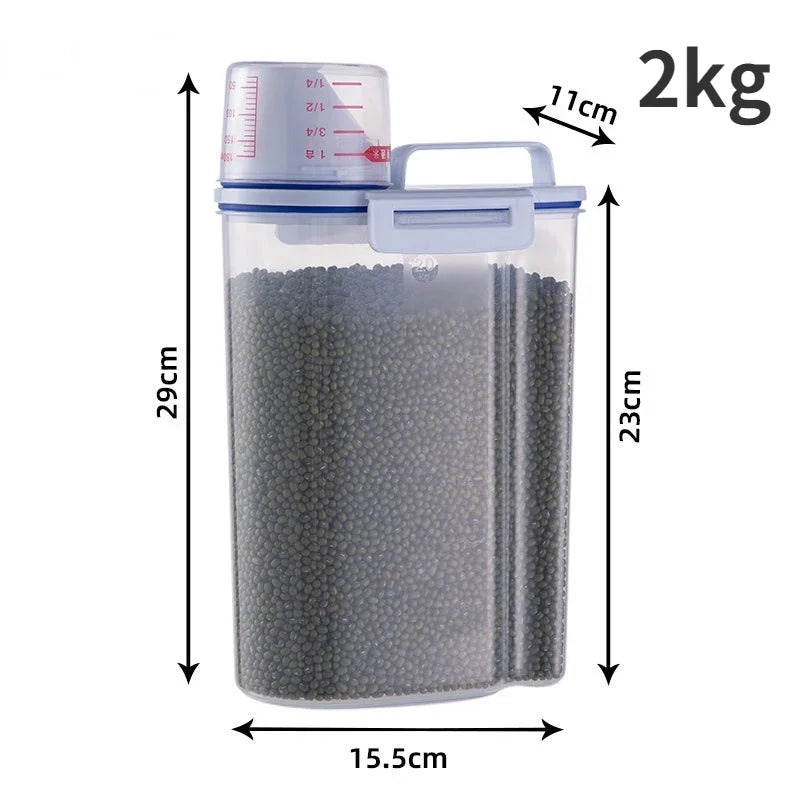 Large pet food storage container with clear body and measuring cup for 2kg pet food by Paw Care USA