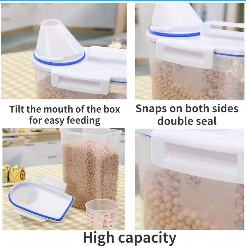 Large pet food storage container with tilt mouth for feeding and double seal snaps for freshness