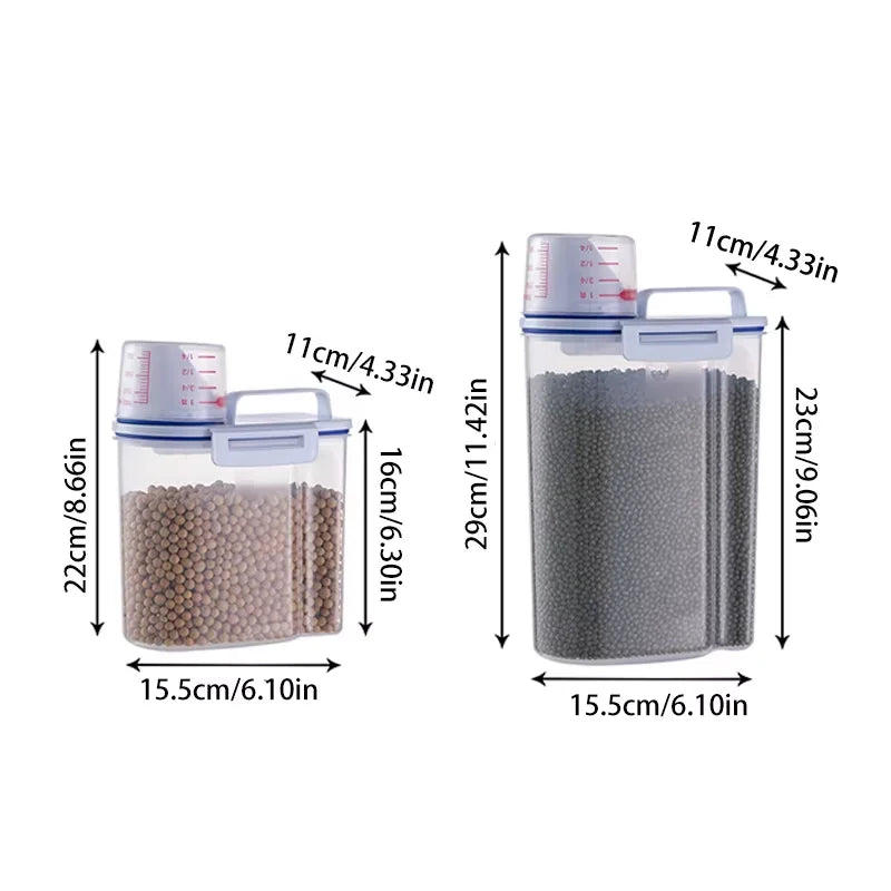 Paw Care USA large pet food storage container with clear body and measuring cup showing dimensions