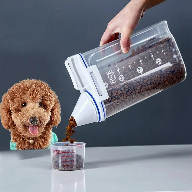 Paw Care USA large pet food storage container pouring kibble into measuring cup with dog watching