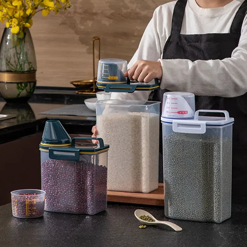 Paw Care USA large pet food storage container set with secure lids holding various pet food items on kitchen counter