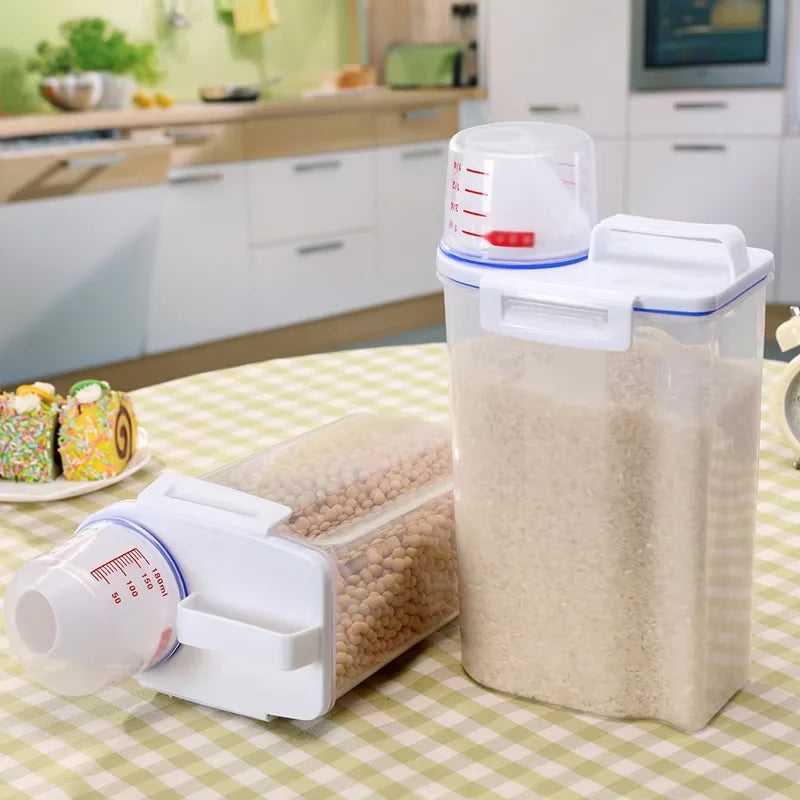 Paw Care USA large pet food storage container with measurement scoop on kitchen table