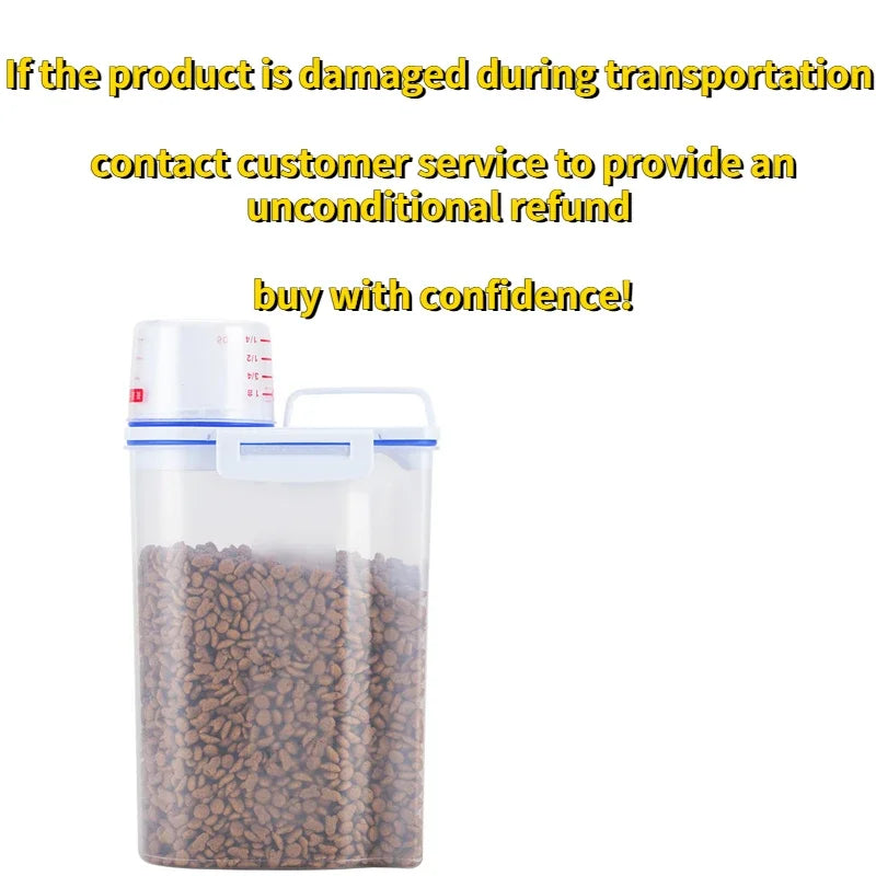Paw Care USA large pet food storage container with clear body and white lid filled with dry pet food