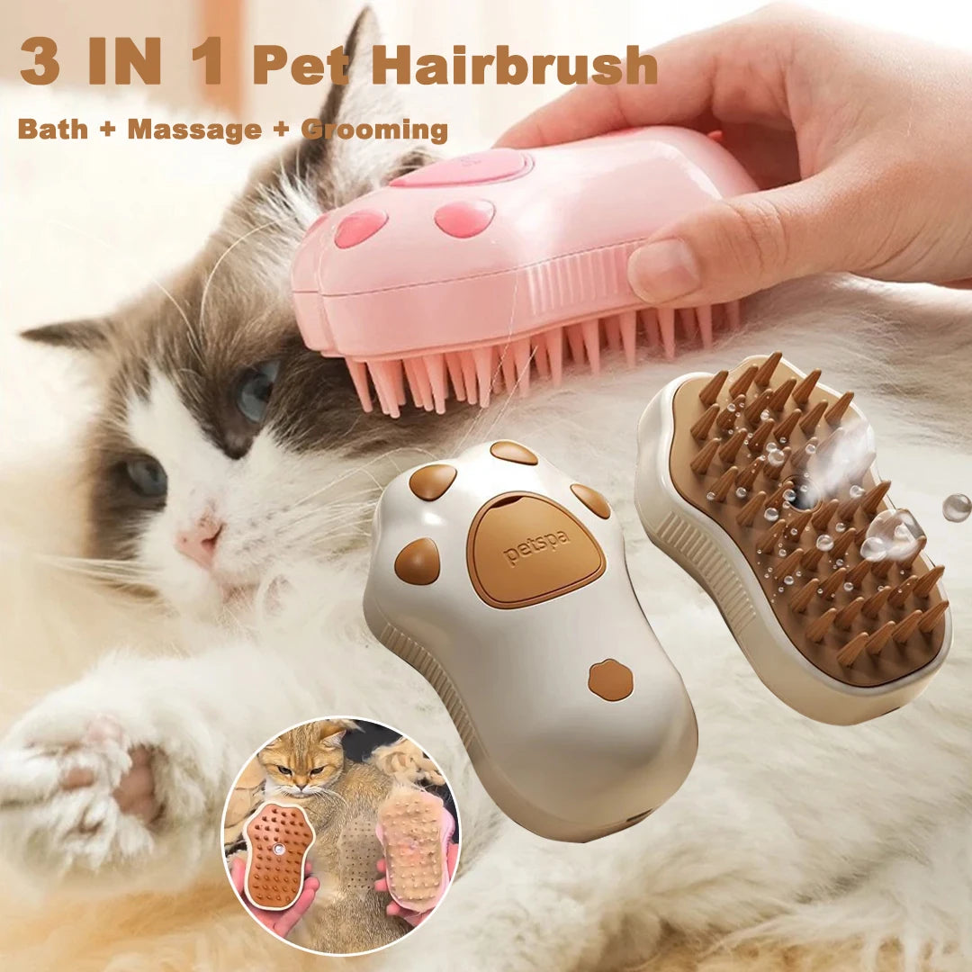 Pet hair removal brush massager for Cats & Dogs in pink and brown with grooming and bathing features