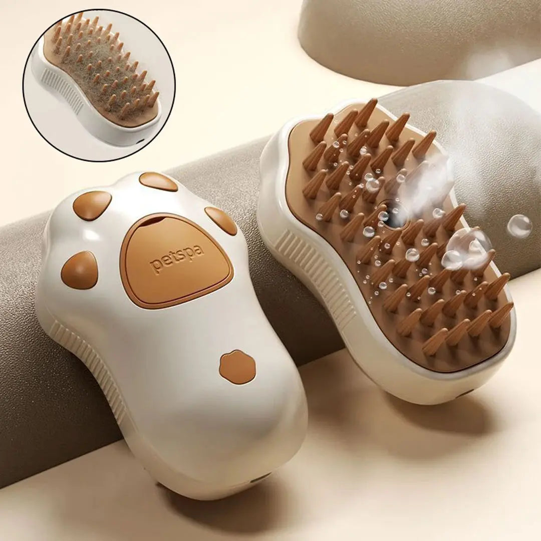 Paw Care USA pet hair removal brush massager for Cats and Dogs in beige and brown with silicone bristles