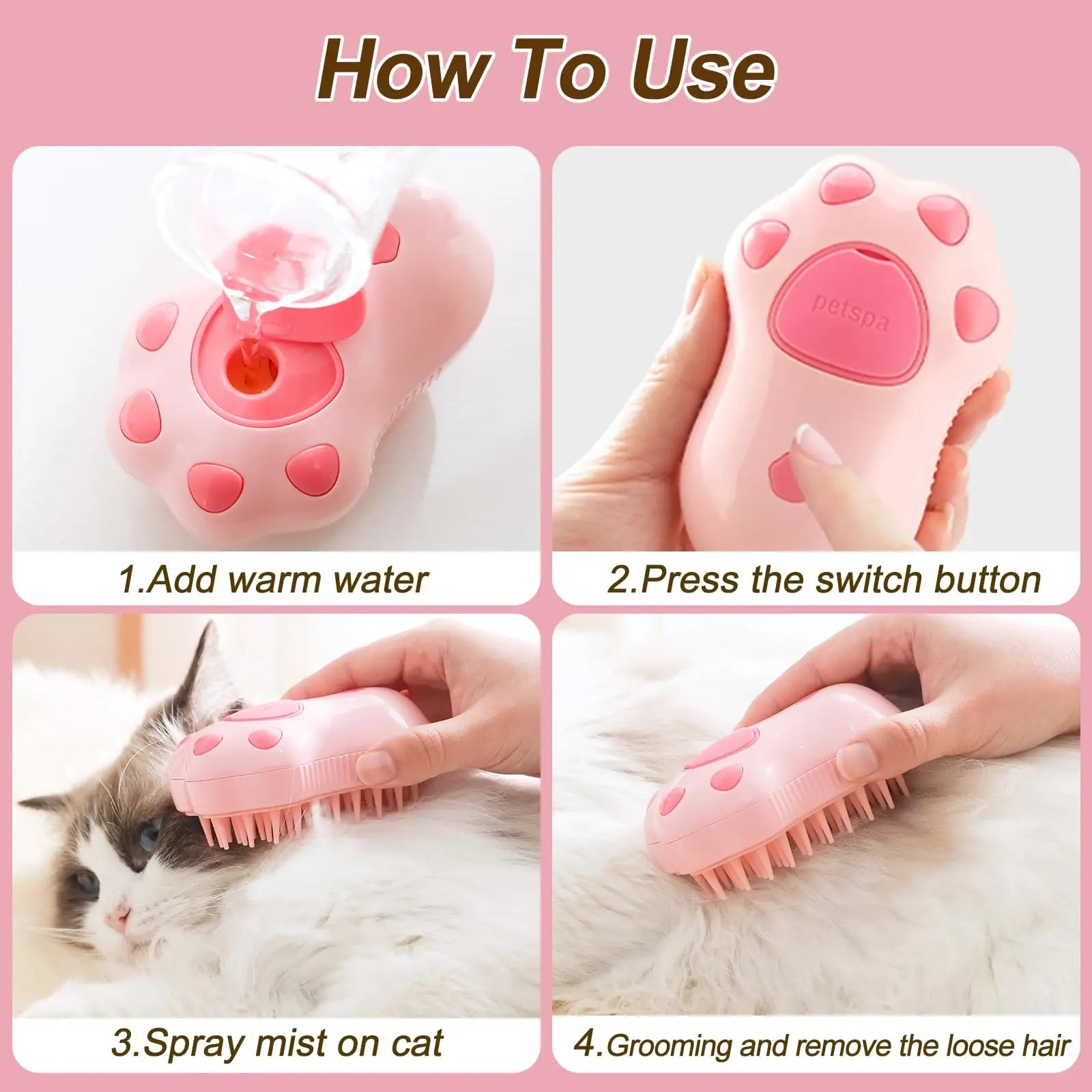 Step-by-step use of pet hair removal brush massager for Cats and Dogs on a cat with warm water mist and grooming