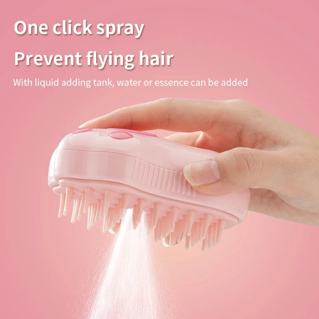 Paw Care USA pink pet hair removal brush massager for Cats & Dogs with one click spray to prevent flying hair