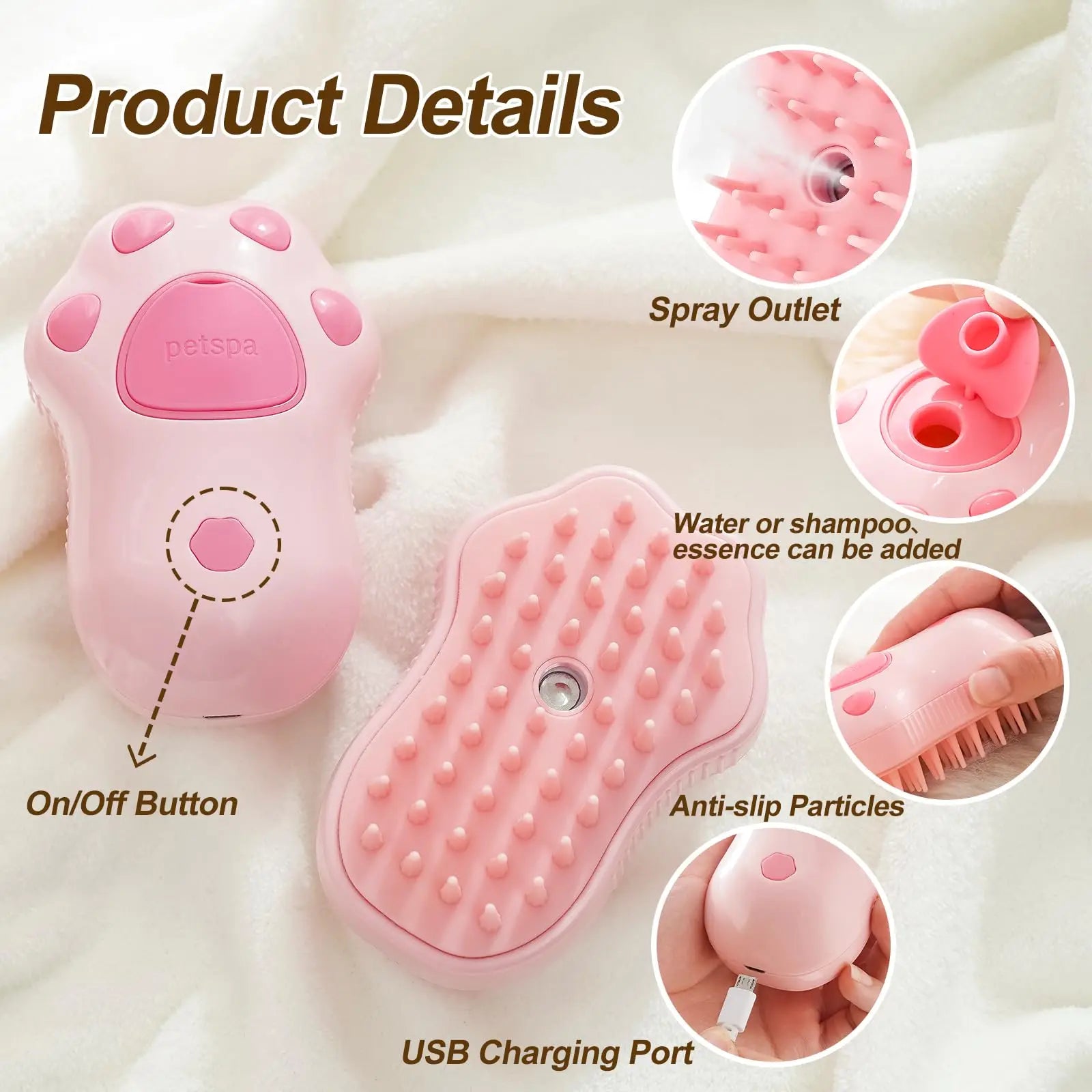 Paw Care USA pet hair removal brush massager for Cats & Dogs in pink with USB charging and spray outlet