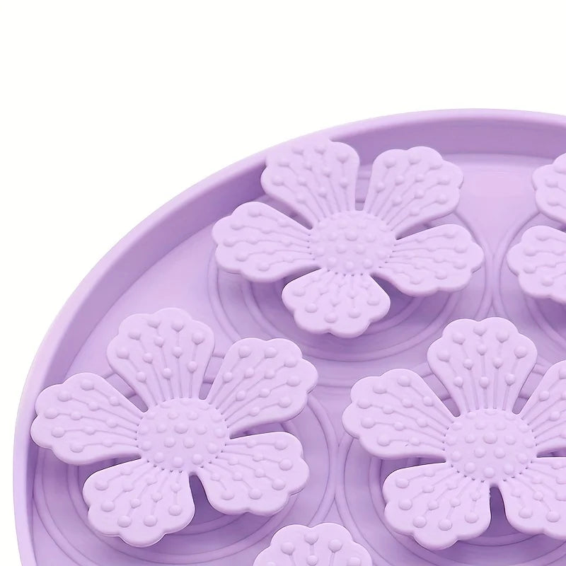 Purple pet slow feeding bowl for dogs with raised flower-shaped obstacles to slow eating