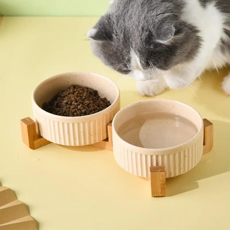 Paw Care USA premium ceramic pet food and water bowls with wooden stand and cat sniffing food